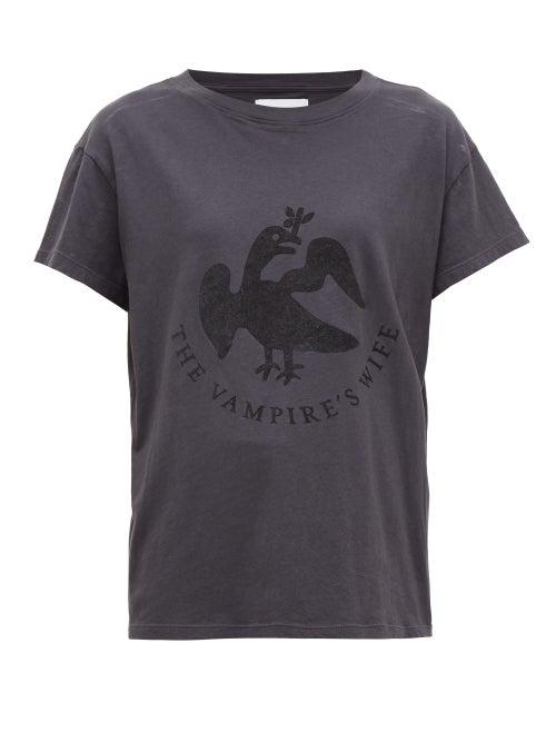 Matchesfashion.com Current/elliott X Vampires Wife - X The Vampire's Wife Logo Flocked Jersey T Shirt - Womens - Dark Grey