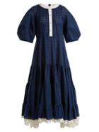Matchesfashion.com Natasha Zinko - Broderie Anglaise Puff Sleeved Cotton Dress - Womens - Navy