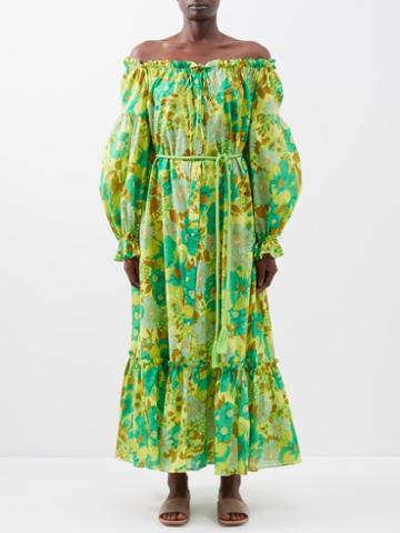 Ale Mais - Wrenley Floral-print Cotton-voile Dress - Womens - Green Multi