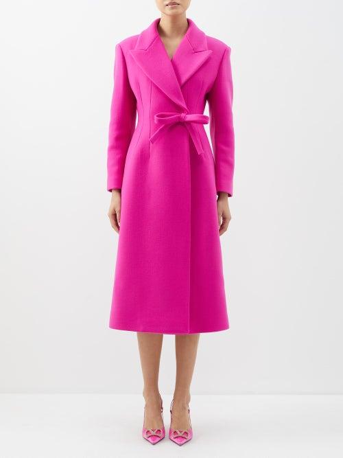 Valentino - Bow-waist Peak-lapel Wool-blend Wrap Coat - Womens - Pink