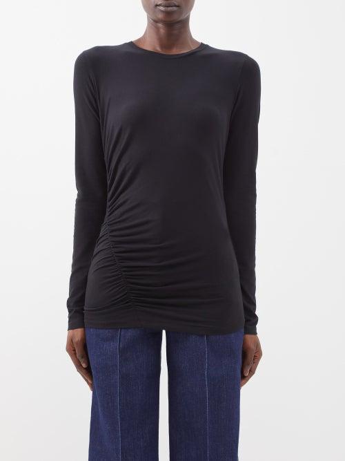 Another Tomorrow - Ruched Long-sleeved Jersey T-shirt - Womens - Black