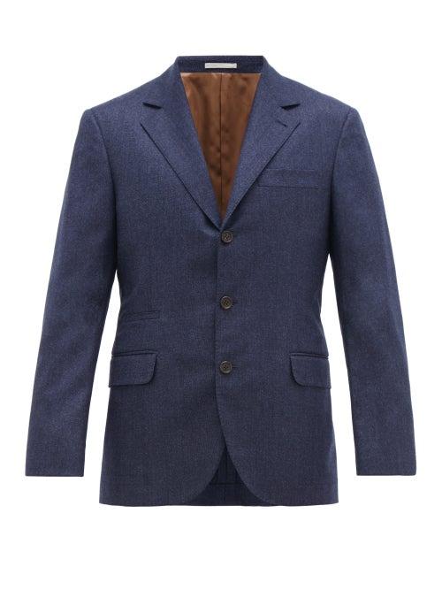 Matchesfashion.com Brunello Cucinelli - Single Breasted Pinpoint Wool Flannel Blazer - Mens - Blue