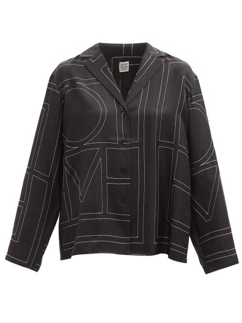 Ladies Rtw Totme - Monogram-embroidered Silk-twill Pyjama Top - Womens - Black