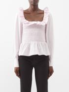 Ganni - Ruffled Shirred Organic-cotton Top - Womens - Light Pink