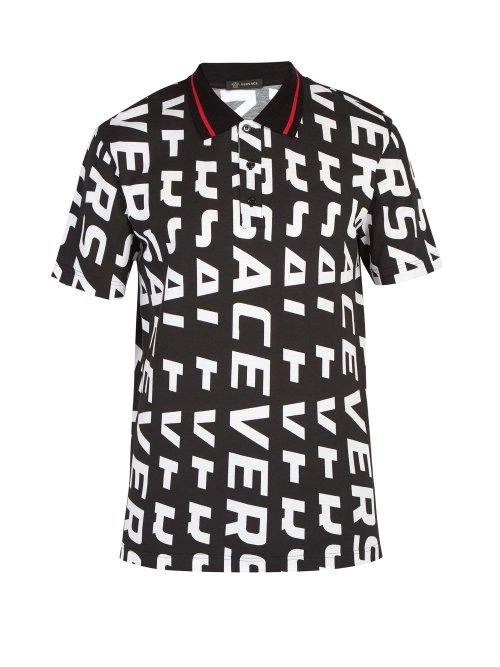 Matchesfashion.com Versace - Logo Print Cotton Polo Shirt - Mens - Black White