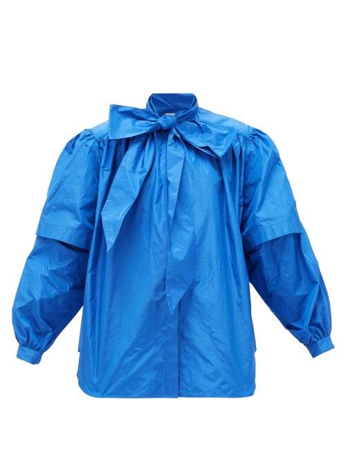 Matchesfashion.com Balenciaga - Pussy-bow Puff-sleeved Silk-taffeta Blouse - Womens - Blue