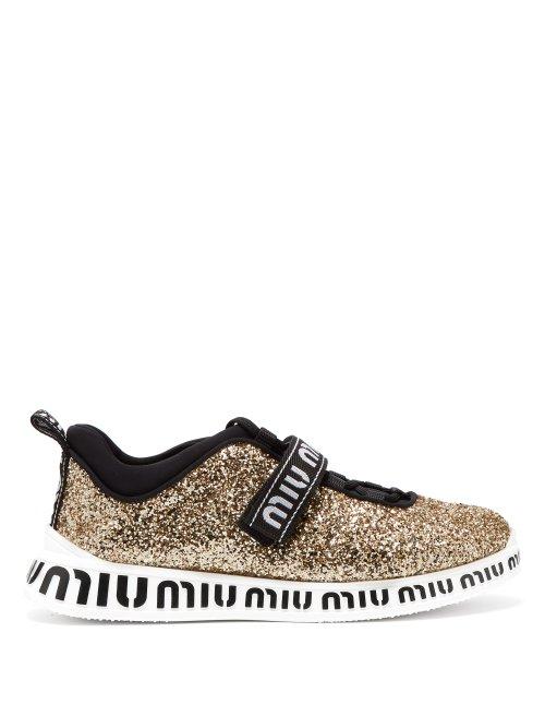 Matchesfashion.com Miu Miu - Glitter Embellished Neoprene Trainers - Womens - Gold