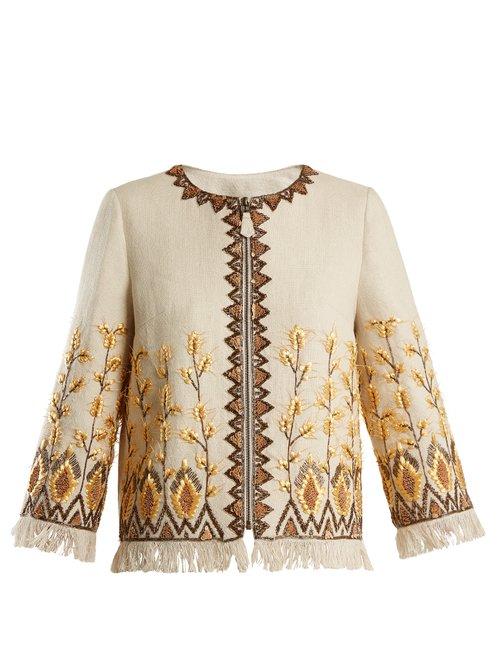 Matchesfashion.com Andrew Gn - Embroidered Linen Blend Jacket - Womens - Beige