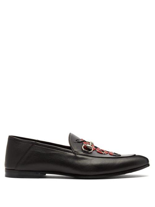 Matchesfashion.com Gucci - Brixton Kingsnake Embroidered Leather Loafers - Mens - Black Multi