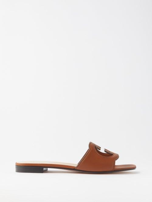 Gucci - Cutout-monogram Leather Slides - Womens - Brown