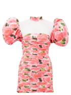 Matchesfashion.com Richard Quinn - Puff Sleeve Rose Print Pleated Satin Dress - Womens - Pink