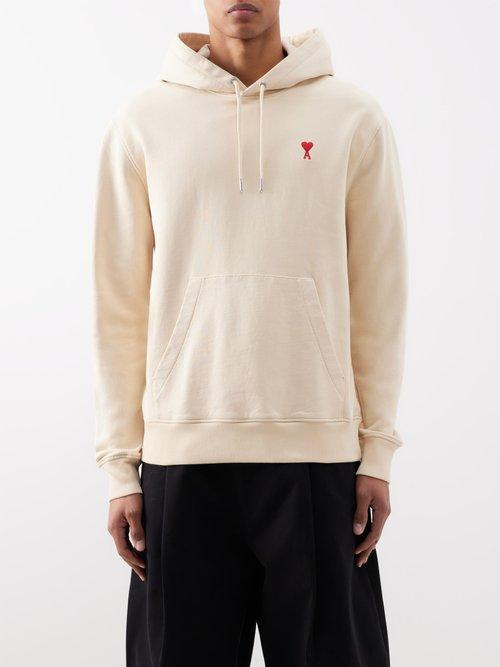 Ami - Ami De Coeur Drawstring Cotton-jersey Hoodie - Mens - Beige