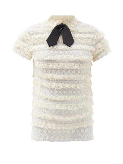 Matchesfashion.com Saint Laurent - Tie-neck Ruffled Cotton-blend Tulle Lace Top - Womens - White