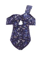 Matchesfashion.com Self-portrait - Botanical Print One Shoulder Swimsuit - Womens - Navy Multi