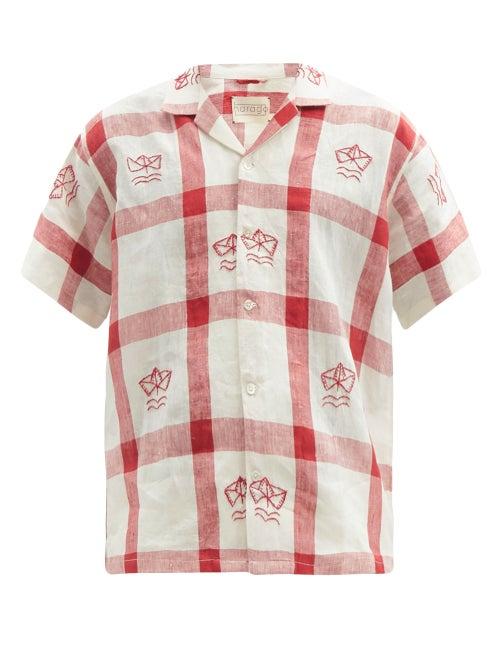 Matchesfashion.com Harago - Boat-embroidered Check Linen Shirt - Mens - Red White