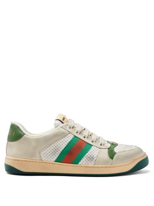 Matchesfashion.com Gucci - Screener Web-stripe Perforated-leather Trainers - Womens - Green Multi