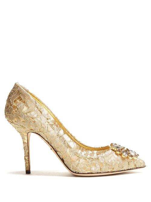 Matchesfashion.com Dolce & Gabbana - Belluci Crystal Embellished Lace Pumps - Womens - Gold