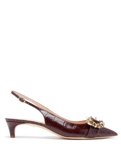 Matchesfashion.com Rupert Sanderson - Promise Crocodile Effect Leather Slingback Pumps - Womens - Burgundy