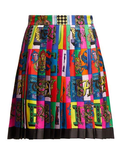 Matchesfashion.com Versace - Alphabet Print Pleated Silk Twill Skirt - Womens - Multi
