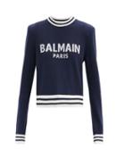 Matchesfashion.com Balmain - Cropped Logo-jacquard Sweater - Womens - Navy Multi