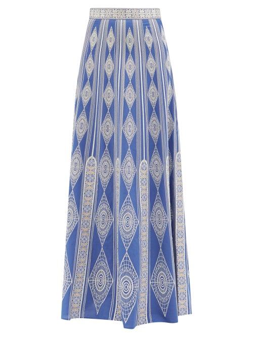 Emporio Sirenuse - Camille Embroidered Cotton-voile Longline Skirt - Womens - Blue White