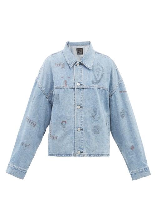Kuro - Asymmetric Printed Garment-dyed Denim Jacket - Womens - Light Denim