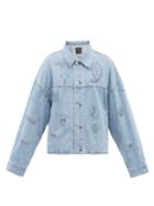 Kuro - Asymmetric Printed Garment-dyed Denim Jacket - Womens - Light Denim