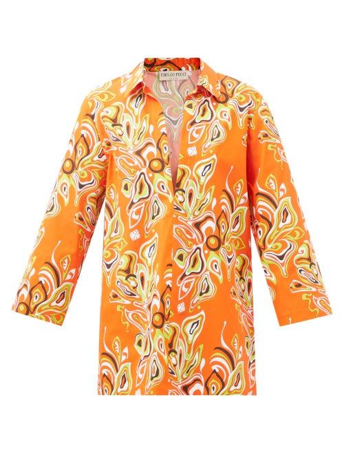 Emilio Pucci - Africana-print Notch-neck Cotton-poplin Shirt - Womens - Orange Print