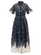 Matchesfashion.com Biyan - Gershon Floral-embroidered Silk-blend Poplin Dress - Womens - Navy