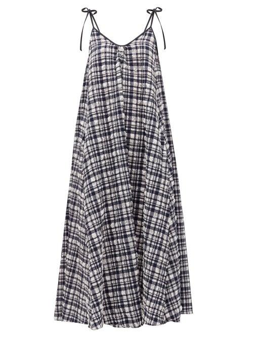 Matchesfashion.com Solid & Striped - Tie-shoulder Gingham Seersucker Midi Dress - Womens - Black White