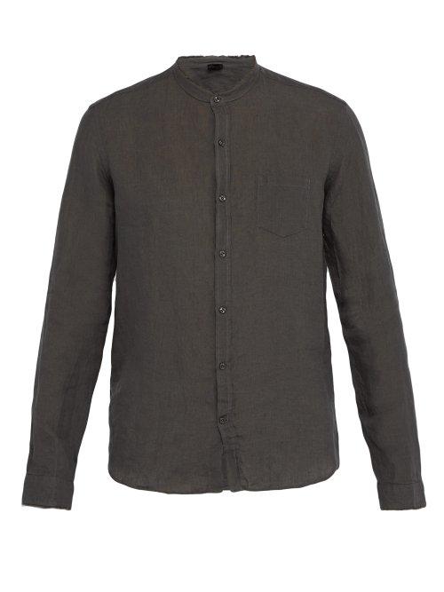 Matchesfashion.com Once Milano - Raw Edge Mandarin Collar Linen Shirt - Mens - Dark Grey