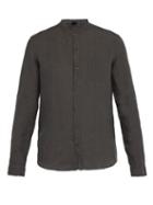 Matchesfashion.com Once Milano - Raw Edge Mandarin Collar Linen Shirt - Mens - Dark Grey