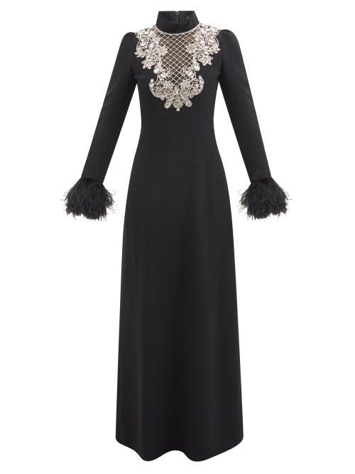 Andrew Gn - Crystal-embellished Feather-cuff Crepe Gown - Womens - Black Silver