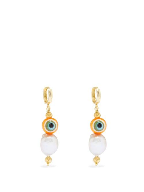 Tohum - Evil Eye Glass, 24kt Gold-plated & Pearl Earrings - Womens - Orange Multi