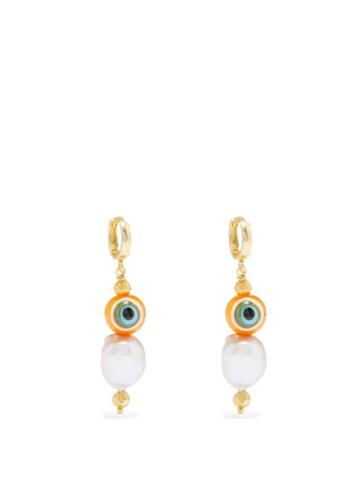 Tohum - Evil Eye Glass, 24kt Gold-plated & Pearl Earrings - Womens - Orange Multi
