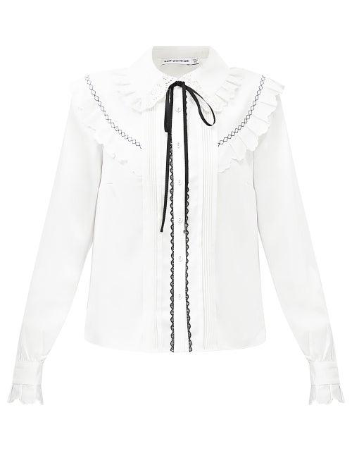 Self-portrait - Ruffled-collar Twill Blouse - Womens - White
