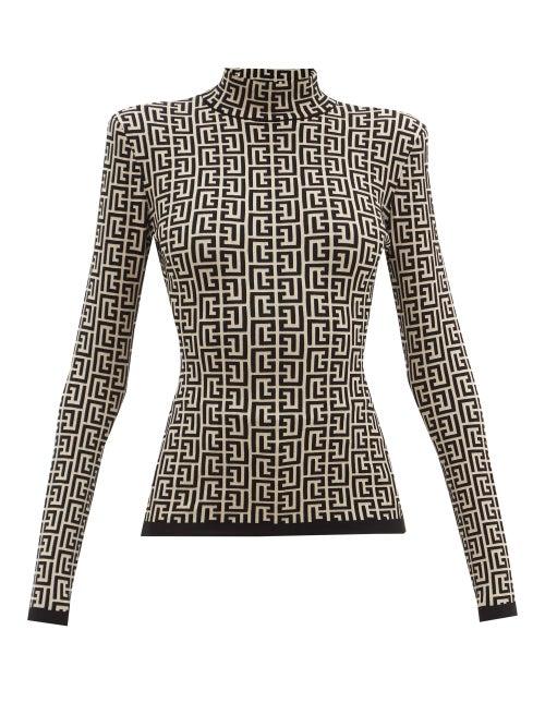 Matchesfashion.com Balmain - High-neck Logo-jacquard Sweater - Womens - Black White