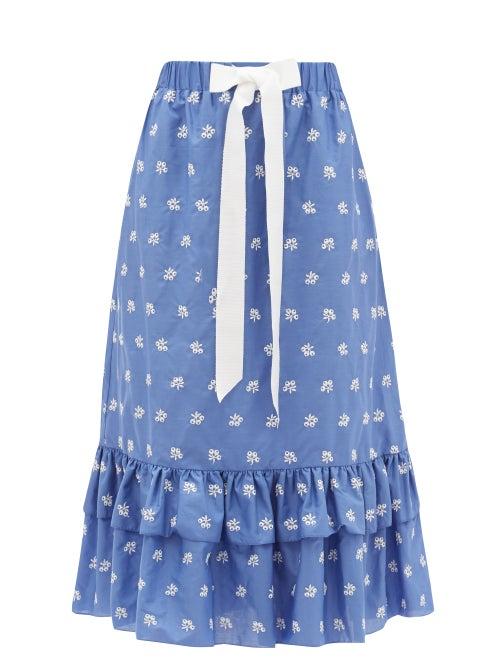 Ladies Rtw Erdem - Corsica Embroidered Cotton-blend Poplin Skirt - Womens - Blue