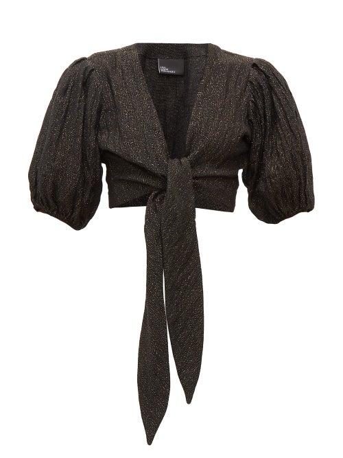 Matchesfashion.com Lisa Marie Fernandez - Pouf Balloon Sleeve Tie Front Linen Blend Top - Womens - Black