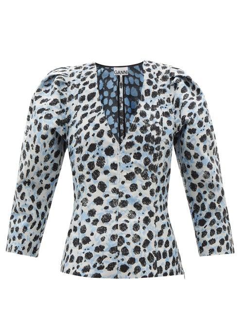 Ganni - Puff-sleeve Animal-jacquard Blouse - Womens - White Multi