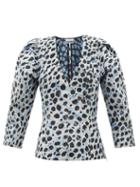 Ganni - Puff-sleeve Animal-jacquard Blouse - Womens - White Multi