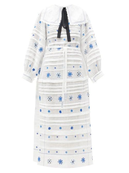 Matchesfashion.com Vita Kin - Constellation Embroidered Linen Midi Dress - Womens - Blue White