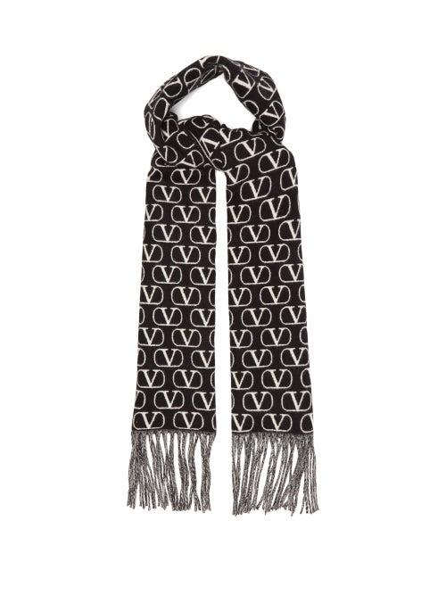 Valentino Garavani - V-logo Jacquard Fringed Wool-blend Twill Scarf - Womens - Black White