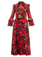 Matchesfashion.com La Doublej - Floral Print Ruffle Trimmed Silk Midi Dress - Womens - Red Print