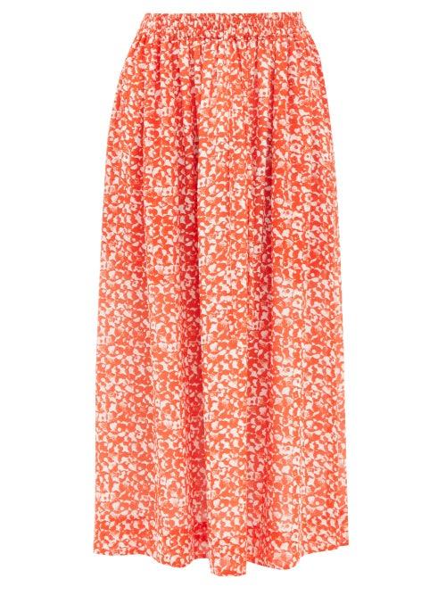 Ganni - Floral-print Crepe Midi Skirt - Womens - Orange Multi