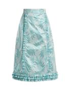 Matchesfashion.com The Vampire's Wife - Cate Leaf Jacquard Ruffle Trimmed Skirt - Womens - Blue Print