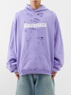 Balenciaga - Logo-print Distressed Cotton Hooded Sweatshirt - Mens - Purple White