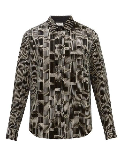 Saint Laurent - Labyrinth-print Ribbed Wool Velvet Shirt - Mens - Black