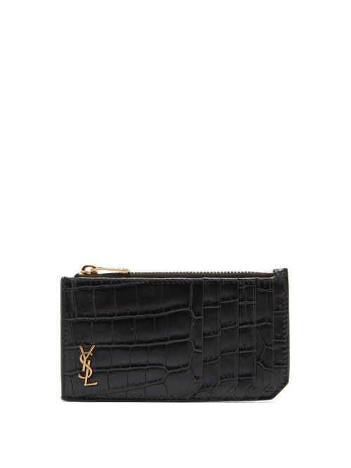 Matchesfashion.com Saint Laurent - Ysl-monogram Crocodile-effect Leather Cardholder - Mens - Black