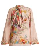 No. 21 Floral-print Pussybow-neck Silk Blouse